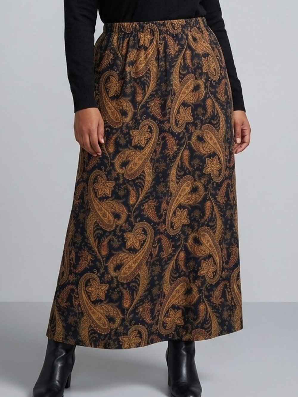 Black Brown Paisley Floral Suedes Look Midi Skirt 22W